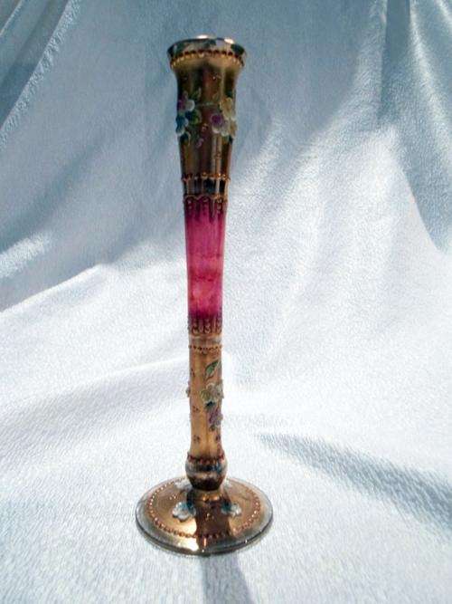 Vintage Bohemian hand-painted and decorated with enamel vase